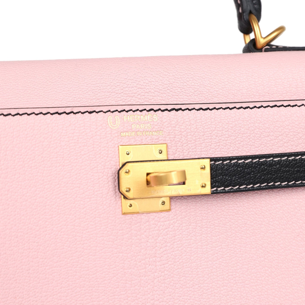 Hermes Special Order (HSS) Kelly Sellier 25 Rose Sakura and Black Chevre Mysore Brushed Gold Hardware - Image 8