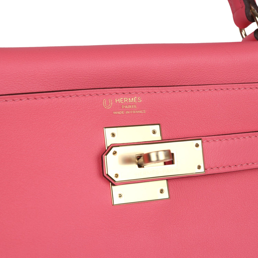 Hermes Special Order (HSS) Kelly Retourne 28 Rose Azalee and Vert Vertigo Swift Gold Hardware - Image 8