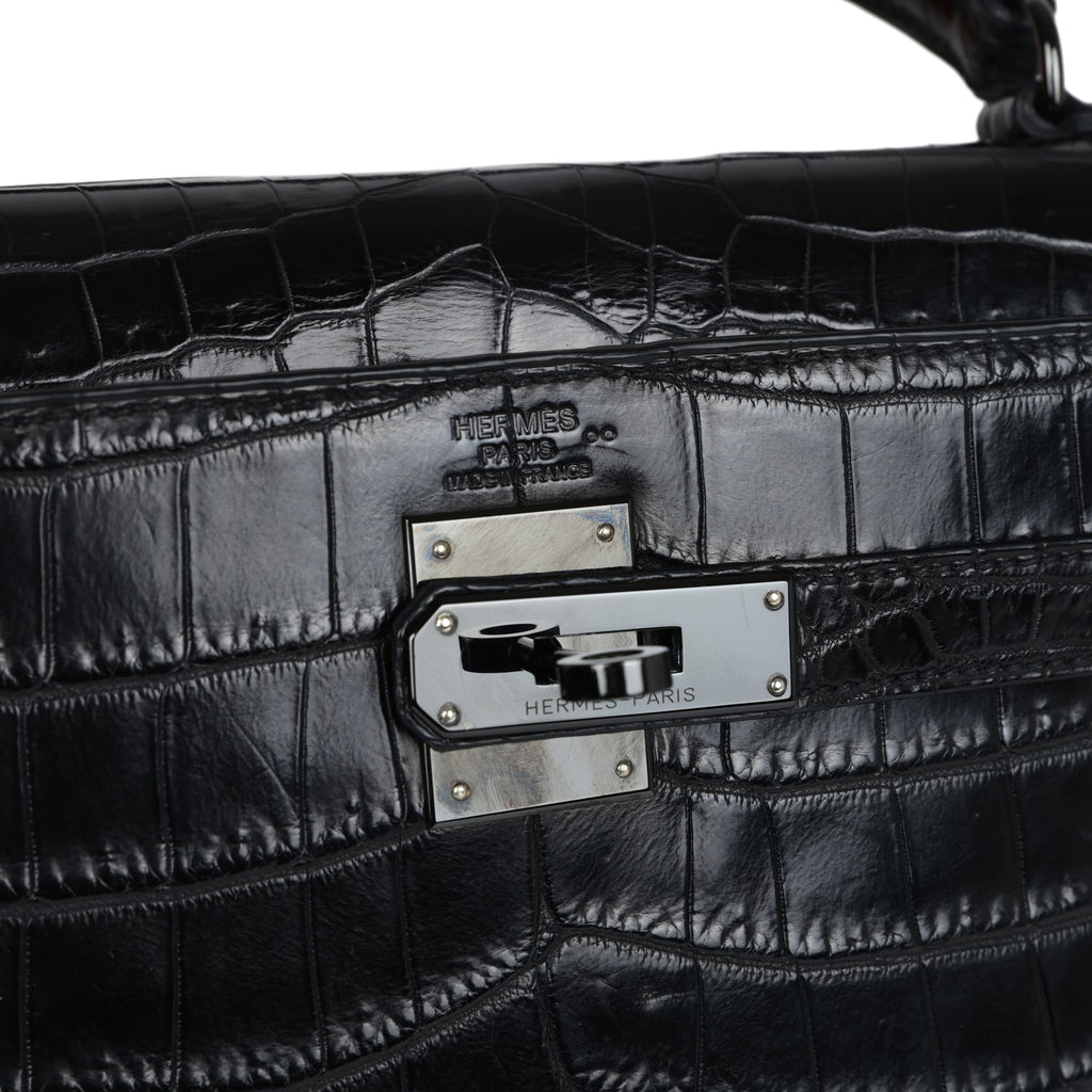 Pre-owned Hermes Kelly Retourne 32 SO Black Matte Niloticus Crocodile Black Hardware - Image 8