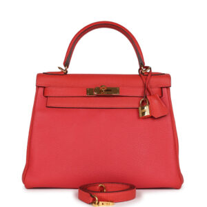 Pre-owned Hermes Kelly Retourne 28 Rouge Pivoine Togo Gold Hardware