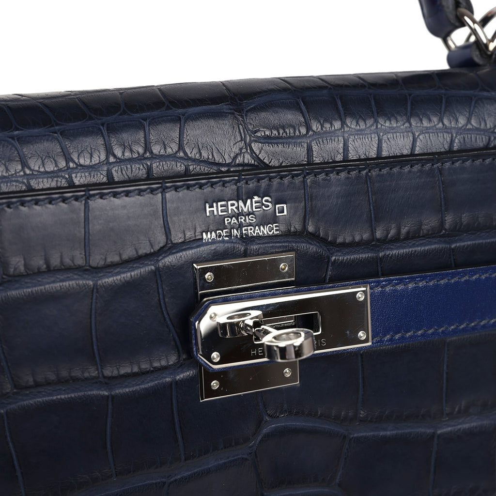 Pre-owned Hermes Kelly Retourne 35 Bleu Indigo Matte Alligator and Bleu Saphir Swift and Clemence Palladium Hardware - Image 8