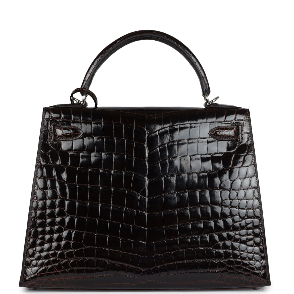 Vintage Hermes Kelly Sellier 28 Cocoan Shiny Niloticus Crocodile Palladium Hardware - Image 5