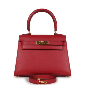Vintage Hermes Kelly Sellier 20 Rouge Vif Courchevel Gold Hardware