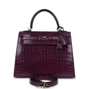 Pre-owned Hermes Kelly Sellier 25 Amethyst Shiny Niloticus Crocodile Palladium Hardware