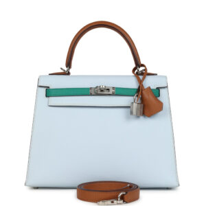 Hermes Kelly Sellier 25 Tri-Color Bleu Brume, Gold and Vert Jade Epsom Epsom Palladium Hardware