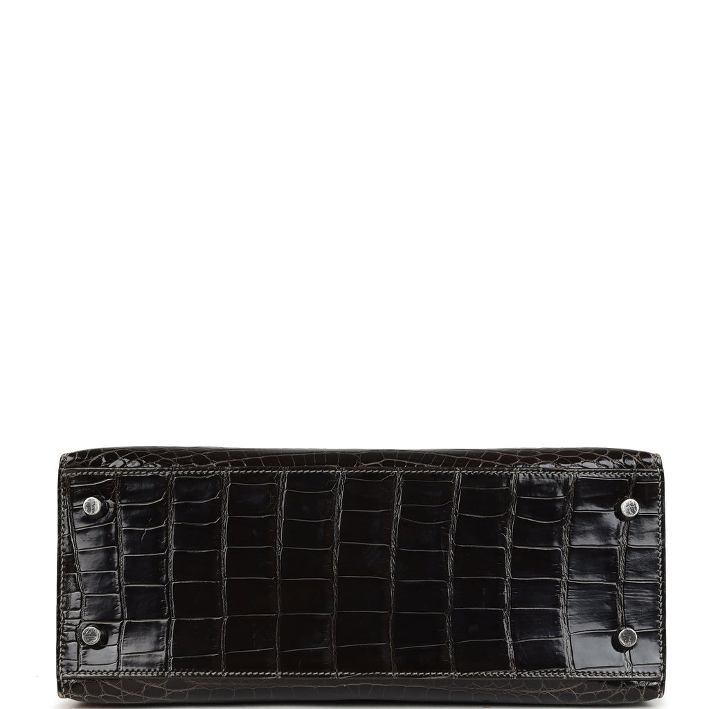 Vintage Hermes Kelly Sellier 28 Gris Fonce Shiny Niloticus Crocodile Palladium Hardware - Image 7