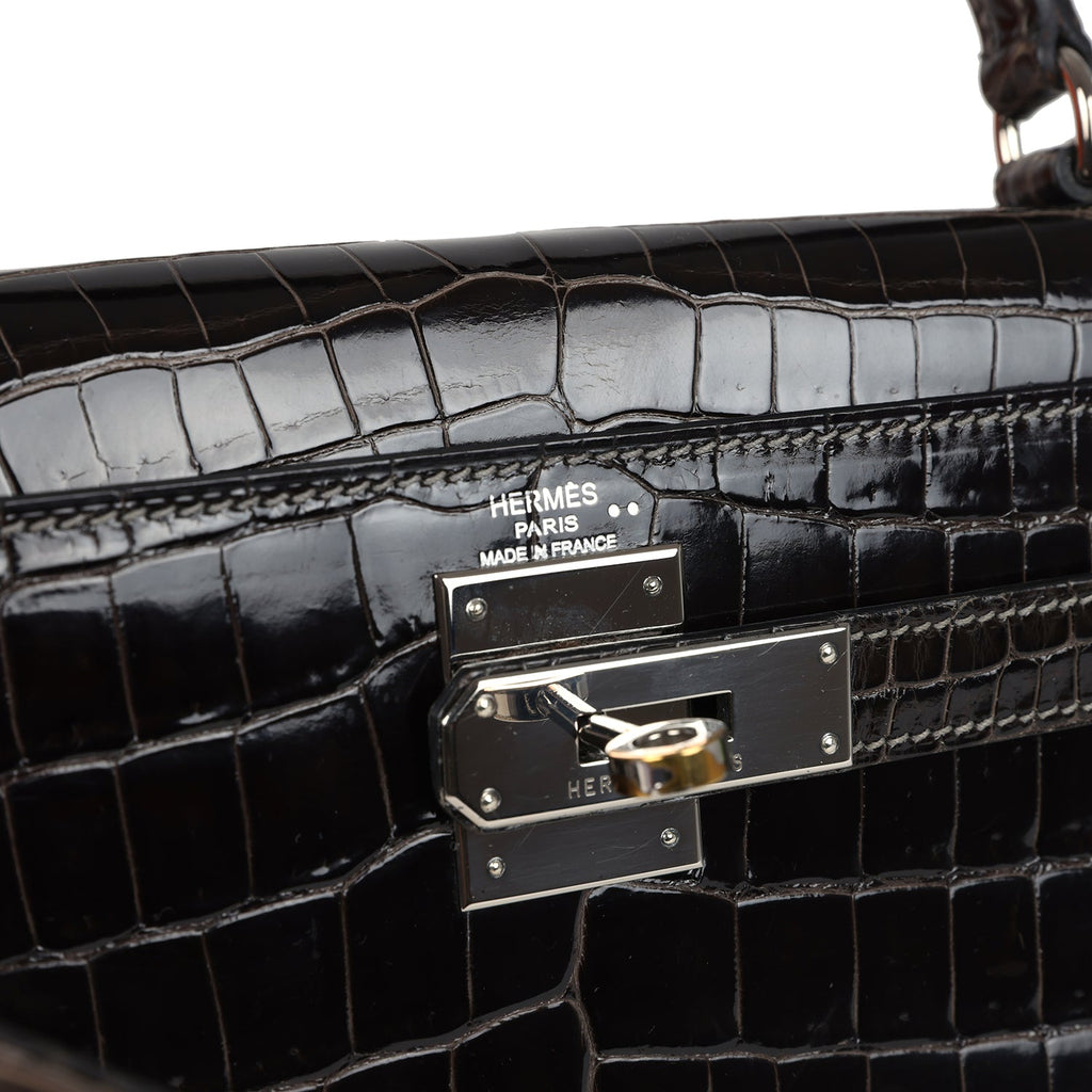 Vintage Hermes Kelly Sellier 28 Gris Fonce Shiny Niloticus Crocodile Palladium Hardware - Image 8