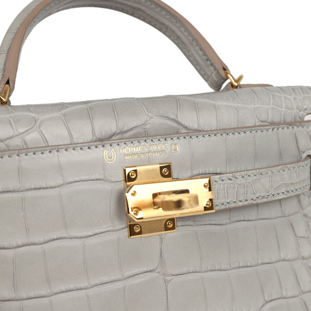 Hermes Special Order (HSS) Kelly Sellier 20 Gris Perle Verso Matte Alligator Gold Hardware - Image 8