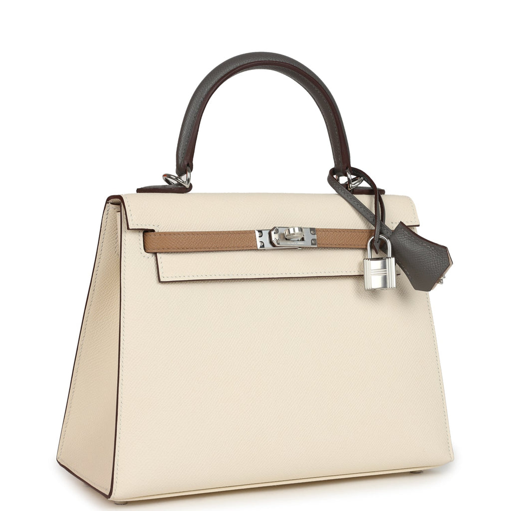 Hermes Kelly Sellier 25 Tri-Color Nata, Gris Meyer and Chai Epsom Palladium Hardware - Image 3