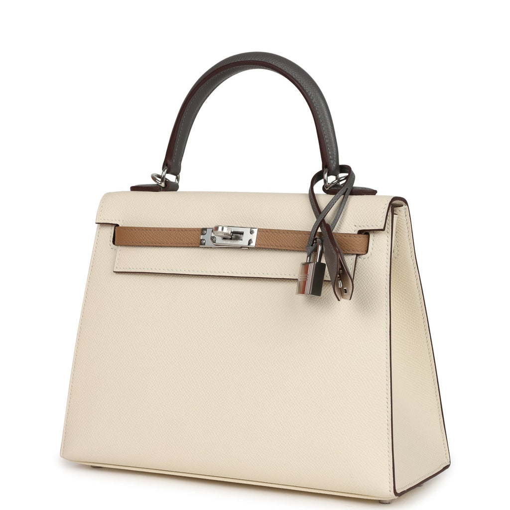 Hermes Kelly Sellier 25 Tri-Color Nata, Gris Meyer and Chai Epsom Palladium Hardware - Image 6
