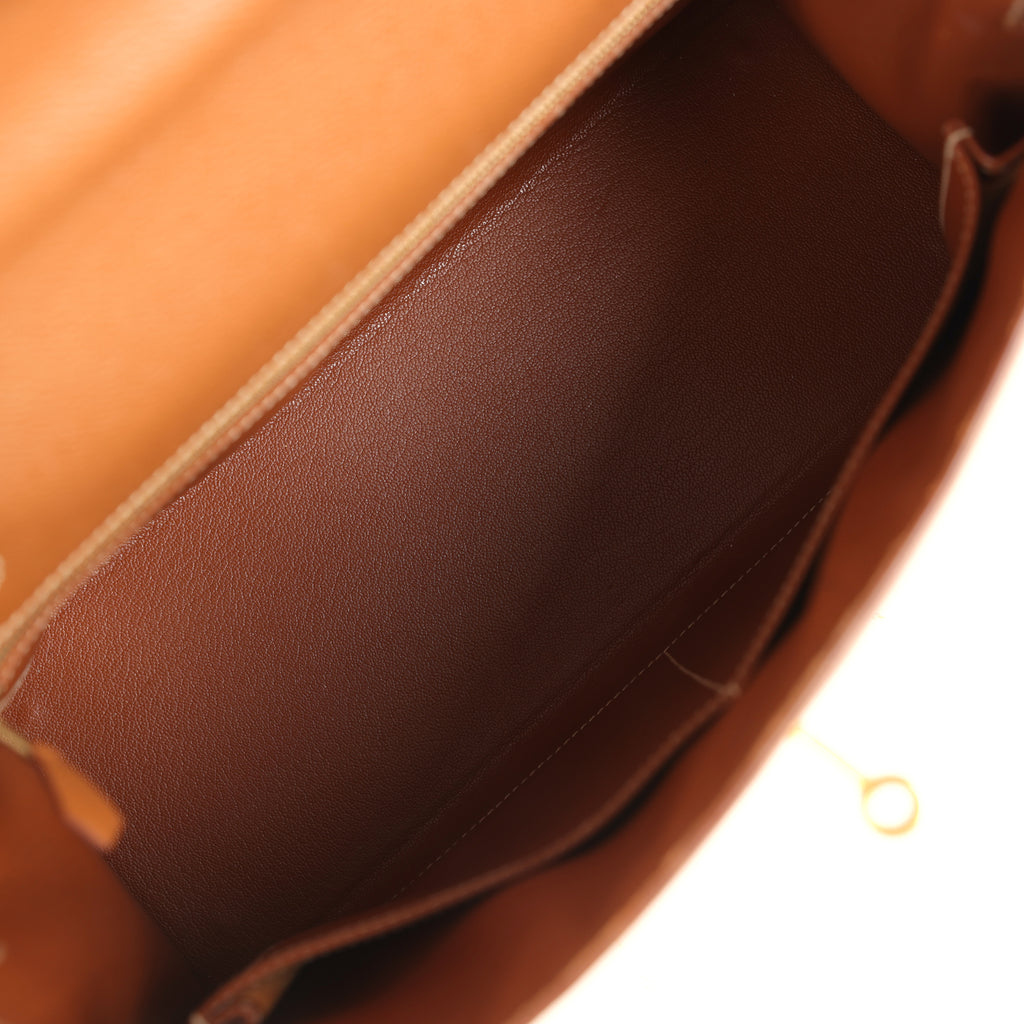 Vintage Hermes Kelly Sellier 32 Gold Courchevel and Ecru-Beige Toile H Canvas Gold Hardware - Image 9