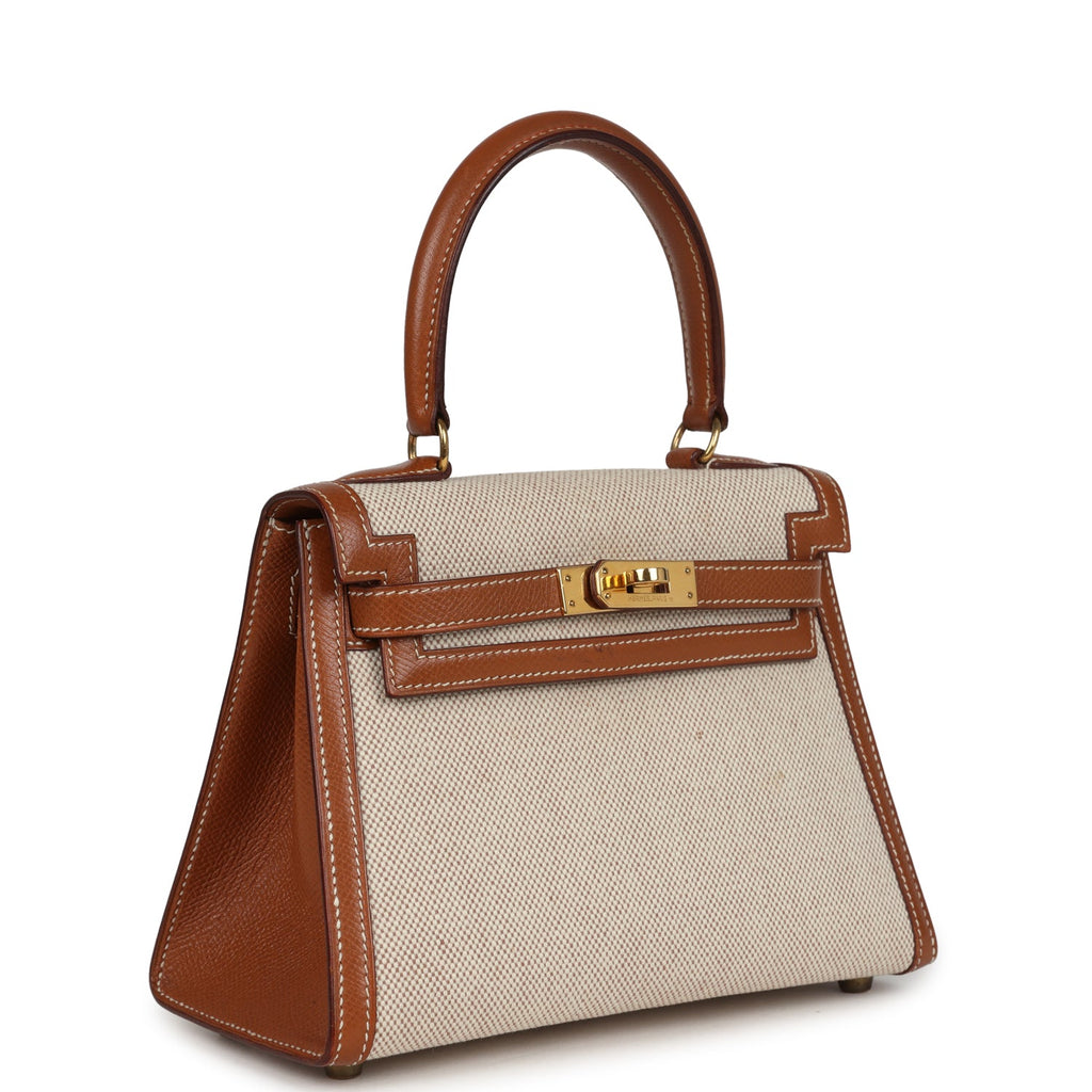 Vintage Hermes Kelly Sellier 20 Gold Courchevel and Ecru-Beige Toile H Canvas Gold Hardware - Image 3