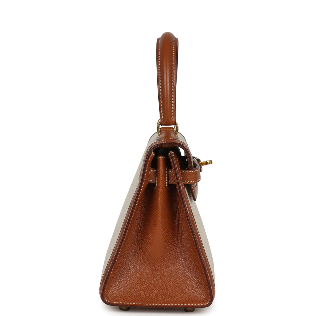 Vintage Hermes Kelly Sellier 20 Gold Courchevel and Ecru-Beige Toile H Canvas Gold Hardware - Image 4