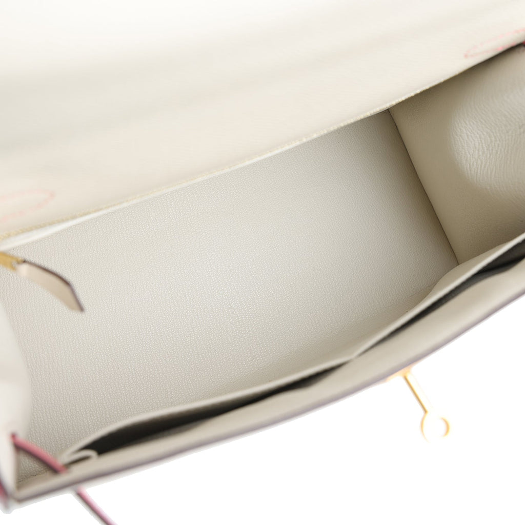 Pre-owned Hermes Special Order (HSS) Kelly Sellier 28 Craie and Rose Azalee Epsom Brushed Gold Hardware - Image 9