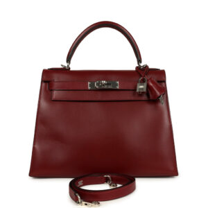 Vintage Hermes Kelly Sellier 28 Rouge H Box Palladium Hardware