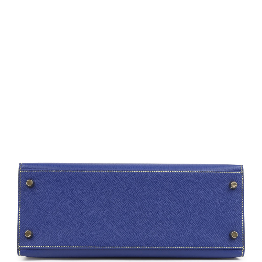 Hermes Special Order (HSS) Kelly Sellier 28 Bleu Electric and Lime Epsom Brushed Gold Hardware - Image 7