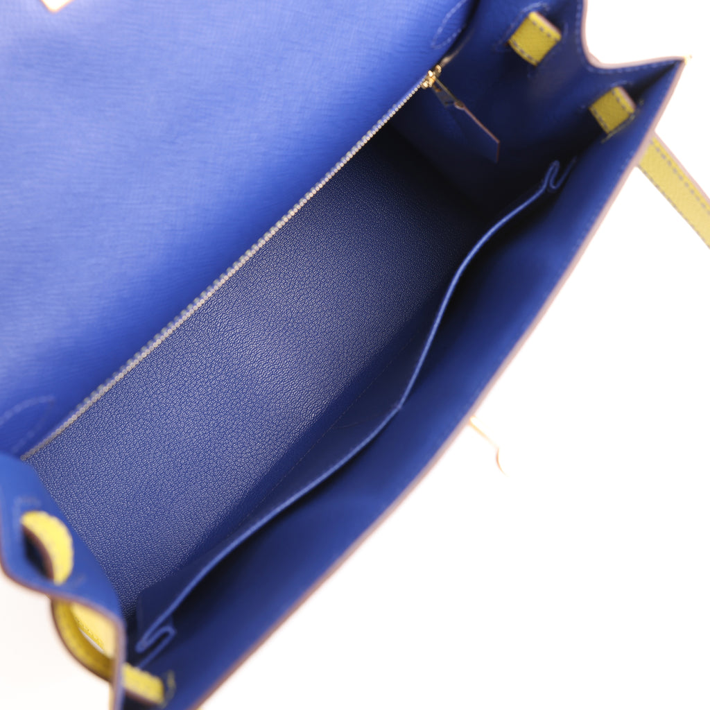 Hermes Special Order (HSS) Kelly Sellier 28 Bleu Electric and Lime Epsom Brushed Gold Hardware - Image 8