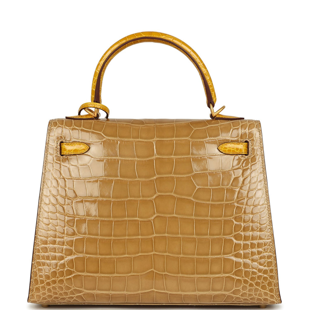 Hermes Special Order (HSS) Kelly Sellier 25 Beige Sable and Jaune Ambre Shiny Alligator Mississpiensis Brushed Gold Hardware - Image 5