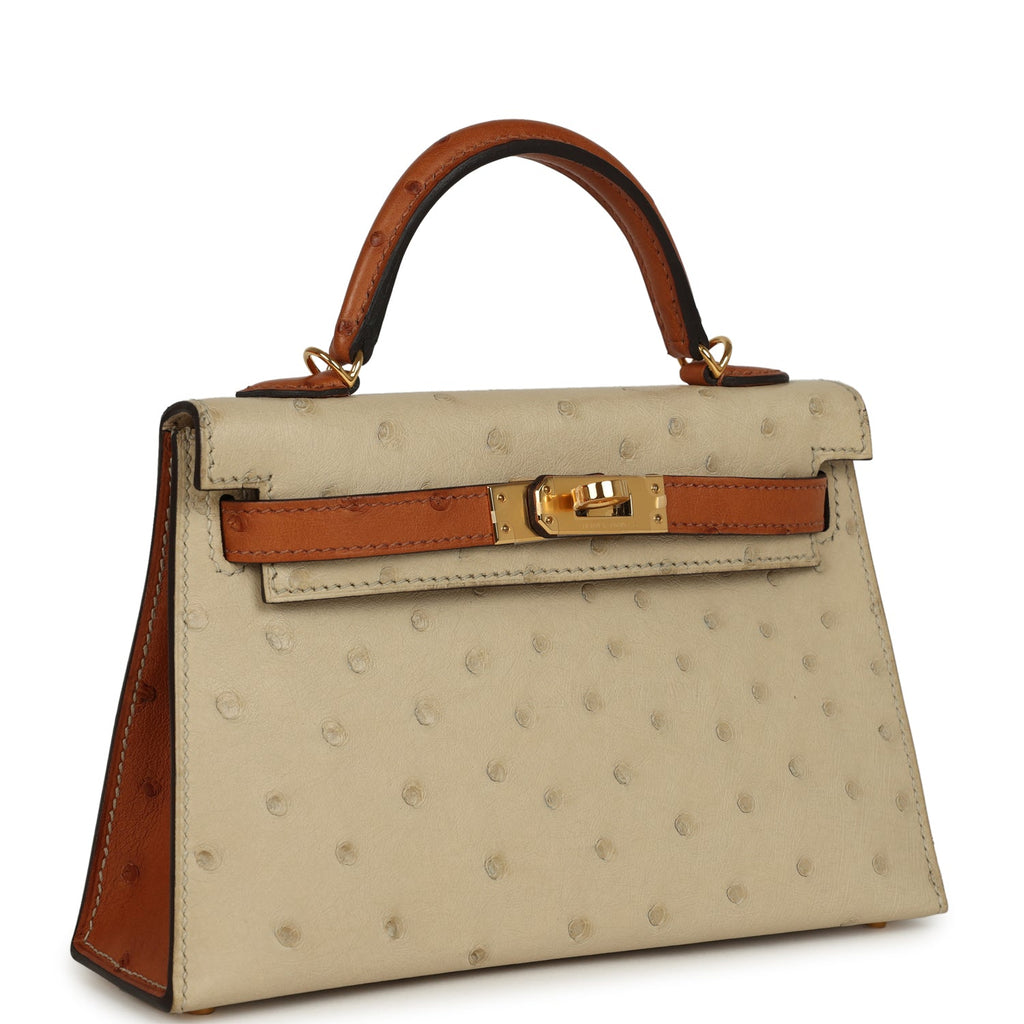Hermes Special Order (HSS) Kelly Sellier 20 Parchemin and Cognac Ostrich Gold Hardware - Image 3
