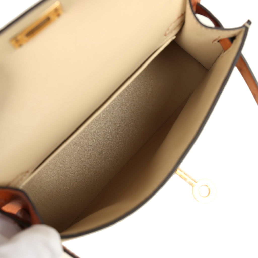 Hermes Special Order (HSS) Kelly Sellier 20 Parchemin and Cognac Ostrich Gold Hardware - Image 9