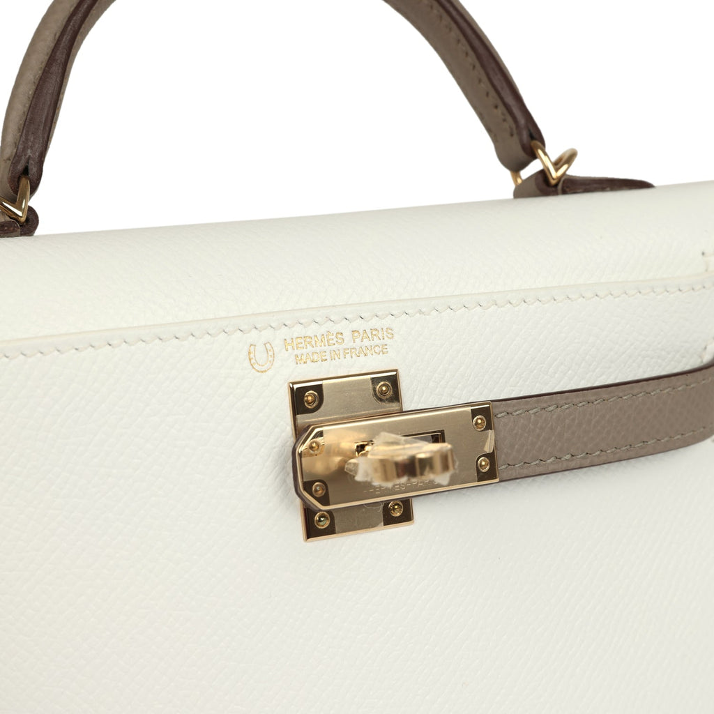 Hermes Special Order (HSS) Kelly Sellier 20 White and Gris Asphalte Epsom Permabrass Hardware - Image 8