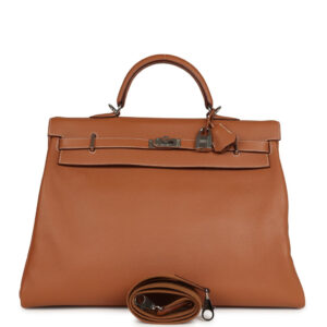 Pre-owned Hermes Kelly Voyage 50 Gold Evercolor Palladium Hardware