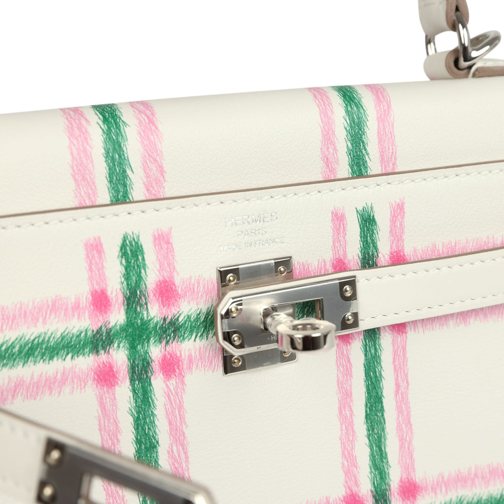 Hermes Kelly Retourne 25 "Tartan Light" Gris Pale, Vert Moyen and Bubblegum Swift Palladium Hardware - Image 8