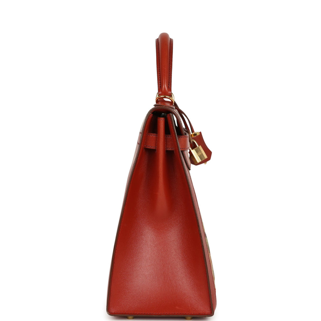 Vintage Hermes "Kimono" Kelly Sellier 32 Brique Box and Embroidered Silk Gold Hardware - Image 4