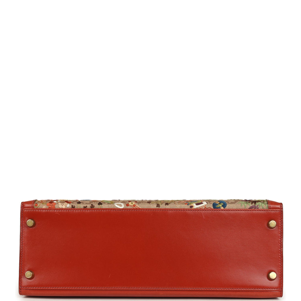 Vintage Hermes "Kimono" Kelly Sellier 32 Brique Box and Embroidered Silk Gold Hardware - Image 7