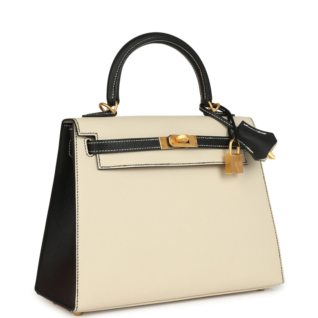 Hermes Special Order (HSS) Kelly Sellier 25 Craie and Black Epsom Brushed Gold Hardware - Image 3
