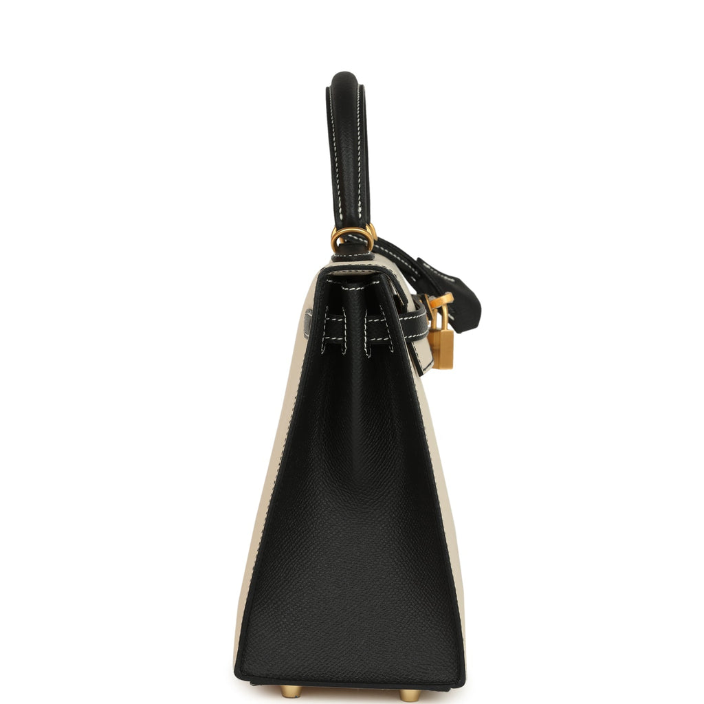 Hermes Special Order (HSS) Kelly Sellier 25 Craie and Black Epsom Brushed Gold Hardware - Image 4
