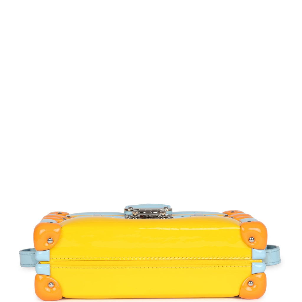 Louis Vuitton Petite Malle Handbag Light Blue & Yellow Glossy Calfskin Silver Hardware - Image 8