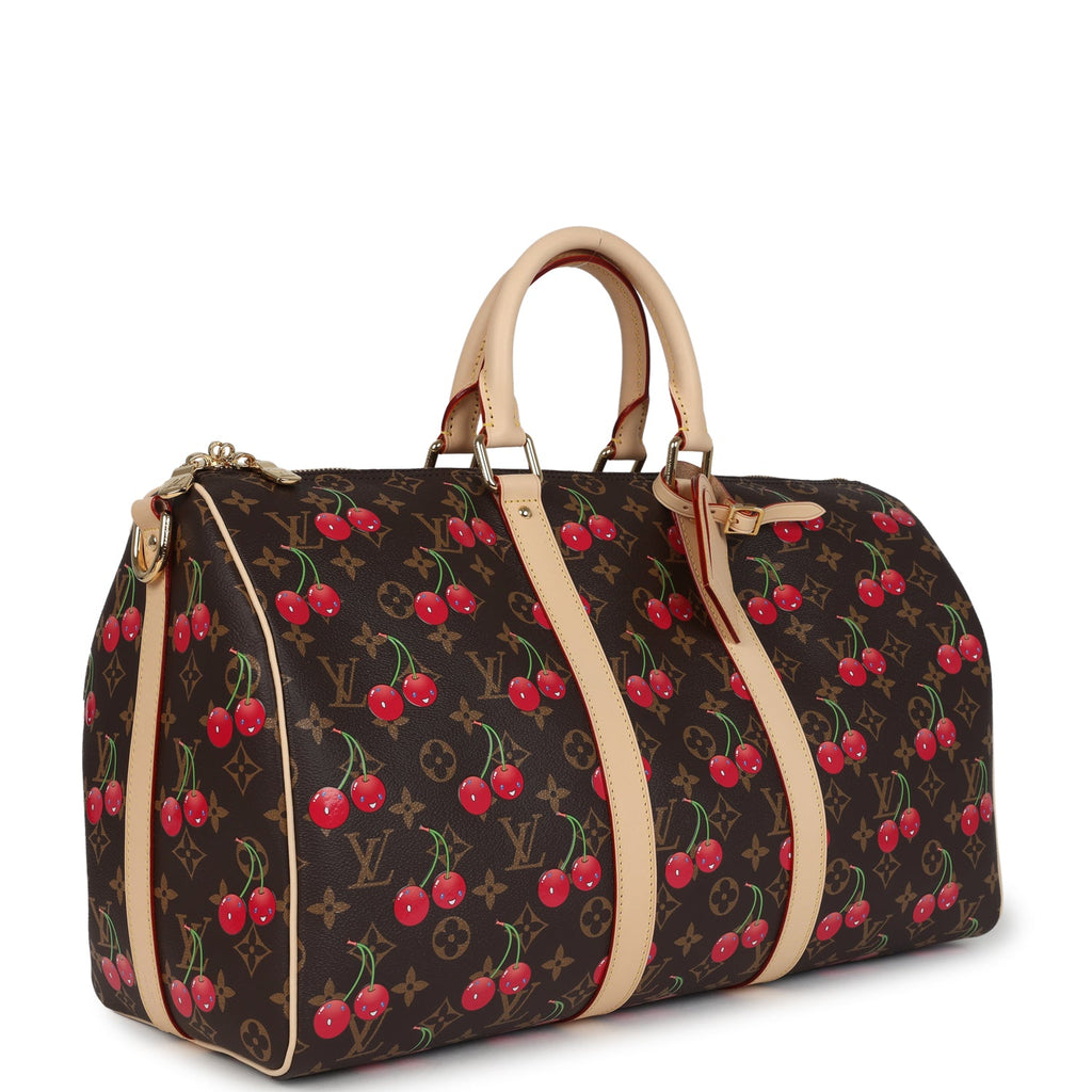 Louis Vuitton X Murakami Keepall Bandouliere 45 Red and Brown Cherry Monogram Gold Hardware - Image 3