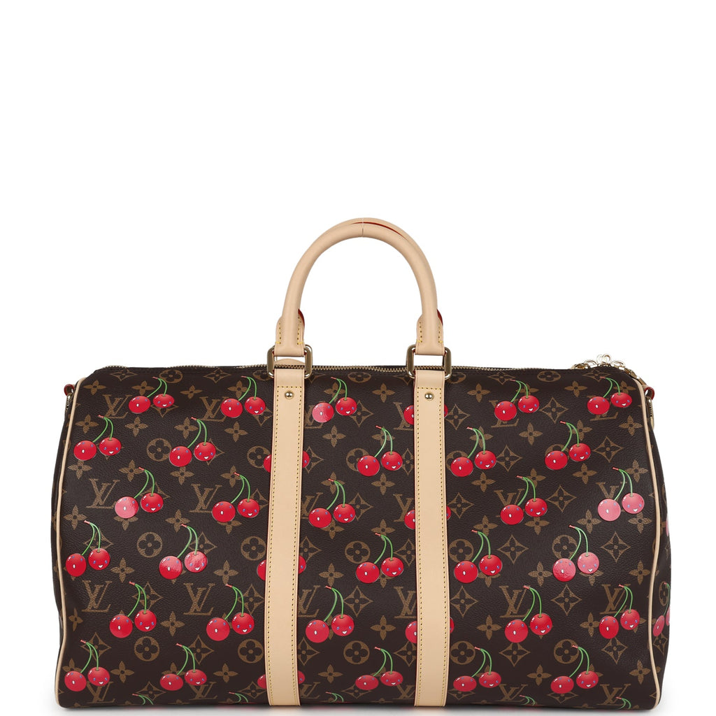 Louis Vuitton X Murakami Keepall Bandouliere 45 Red and Brown Cherry Monogram Gold Hardware - Image 5