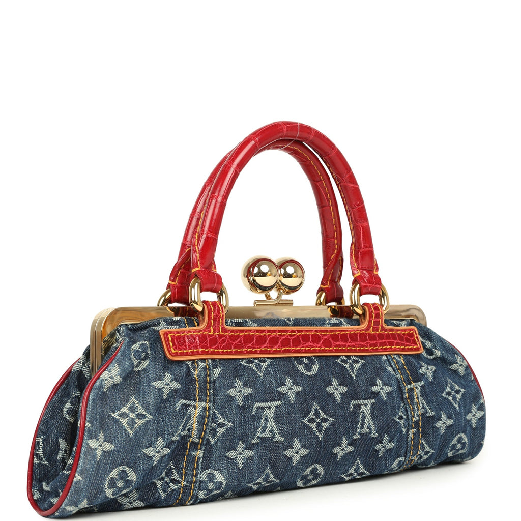Vintage Louis Vuitton Sac Fermoir GM Bag Blue Monogram Denim and Red Alligator Gold Hardware - Image 3