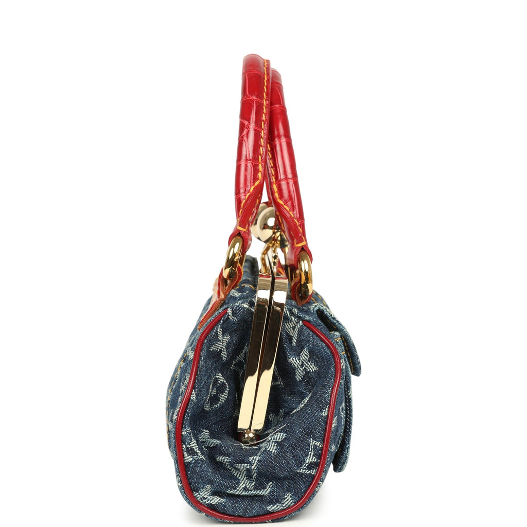 Vintage Louis Vuitton Sac Fermoir GM Bag Blue Monogram Denim and Red Alligator Gold Hardware - Image 4