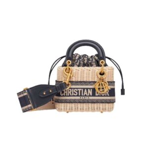 Mini Lady Dior bag Natural Wicker Blue Dior Oblique Jacquard