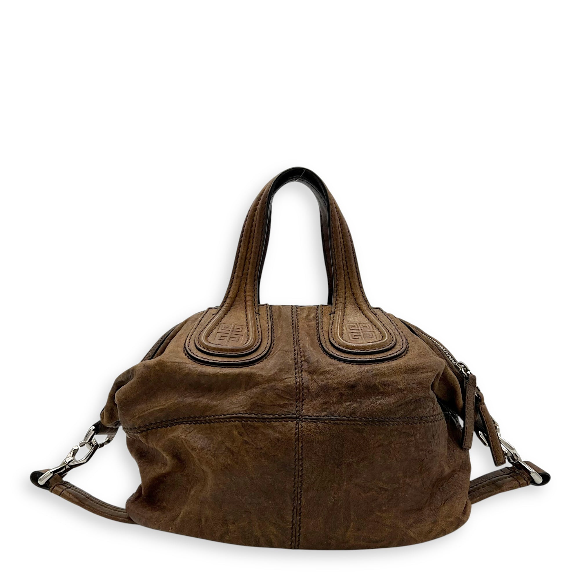 Nightingale Small Brown Top Handle Bag in Distressed Leather, Silver hardware