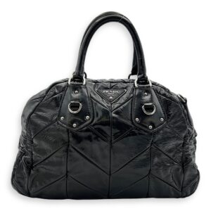 Quilted Top Handle Bag Black in Glazed Calfskin, Silver hardware