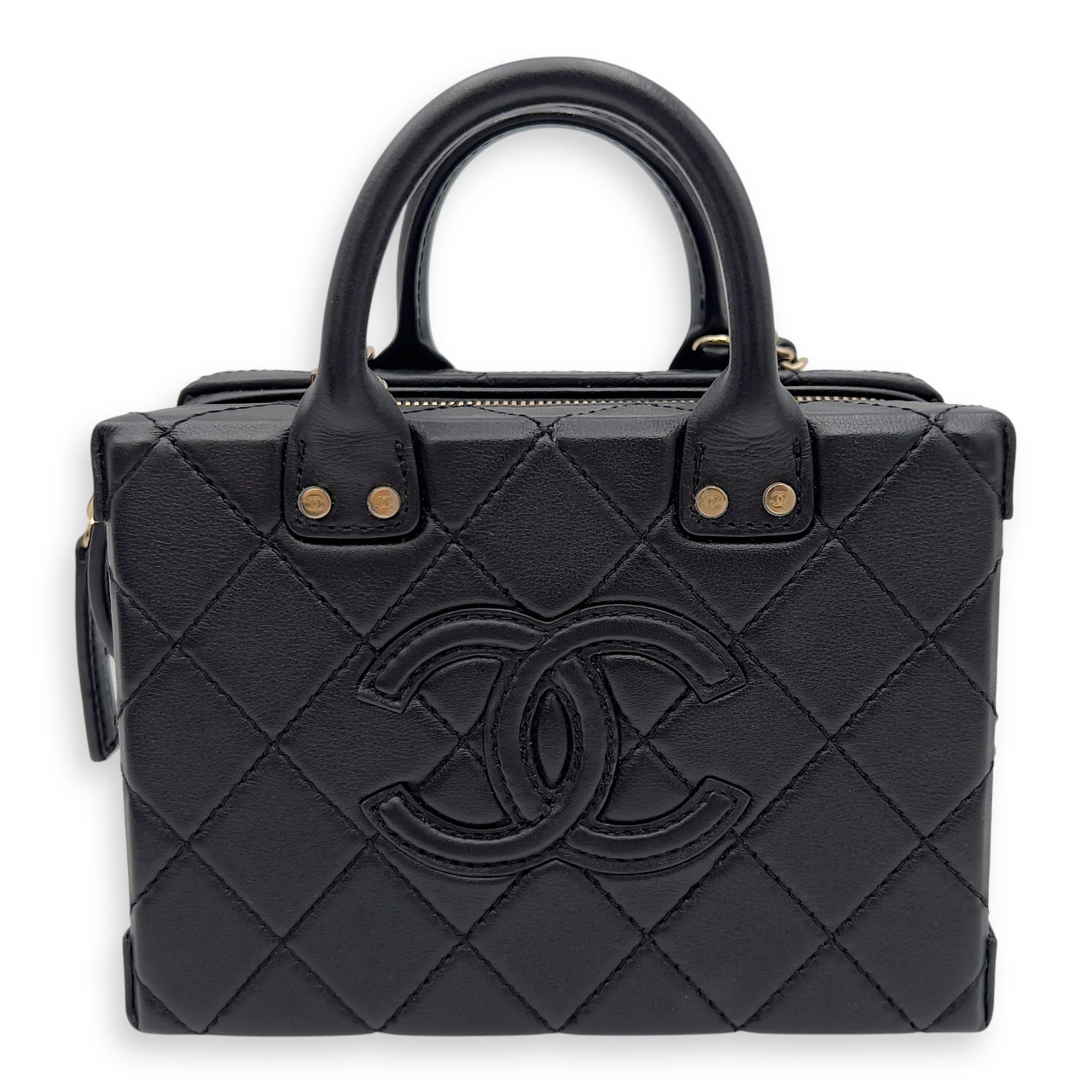 CC Black Top Handle Bag in Calfskin, Gold hardware