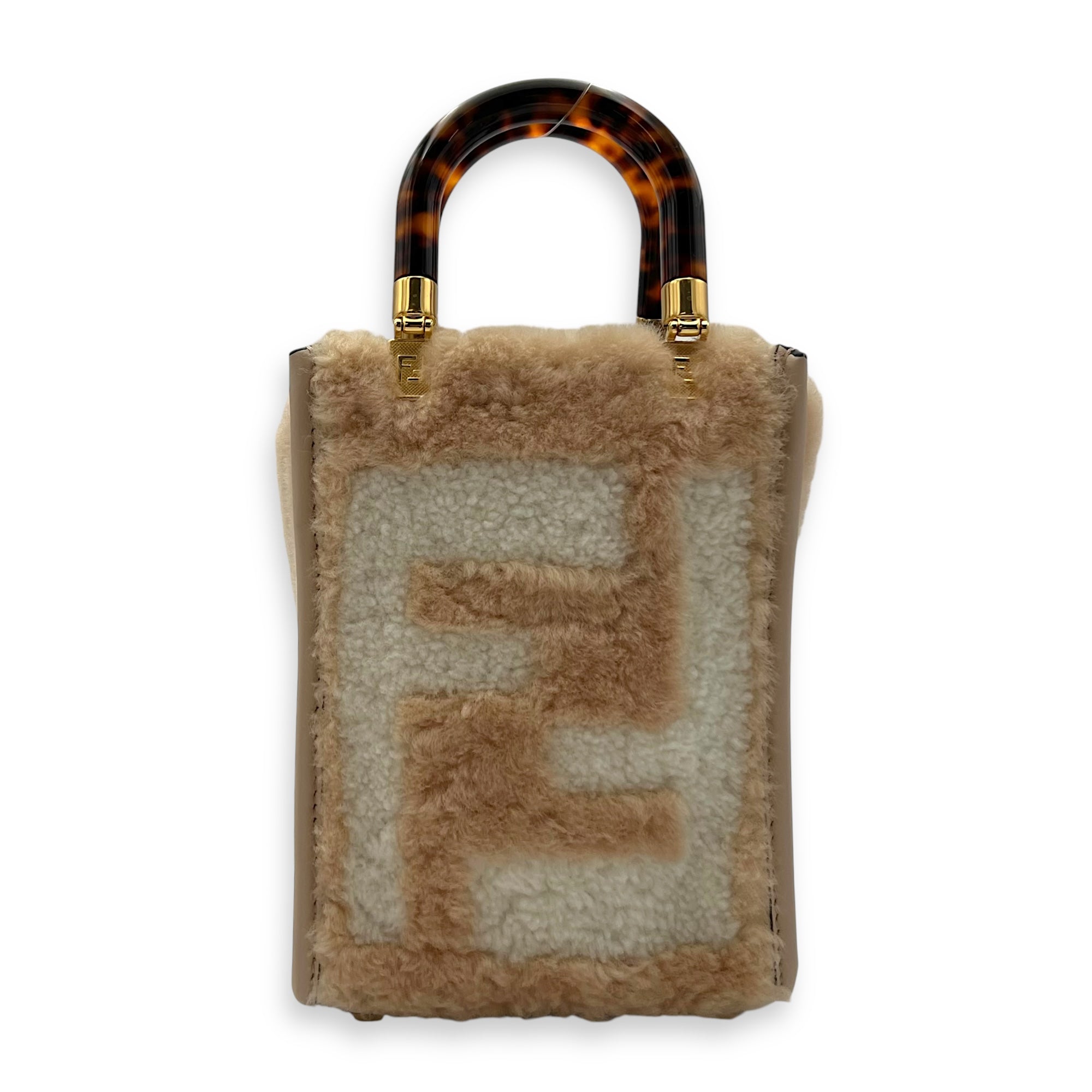 Sunshine Top Handle Bag Mini Beige in Faux Fur, Gold hardware
