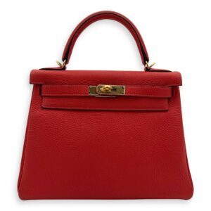 Kelly 28 Rouge Pivoine Top Handle Bag in Togo, Gold hardware