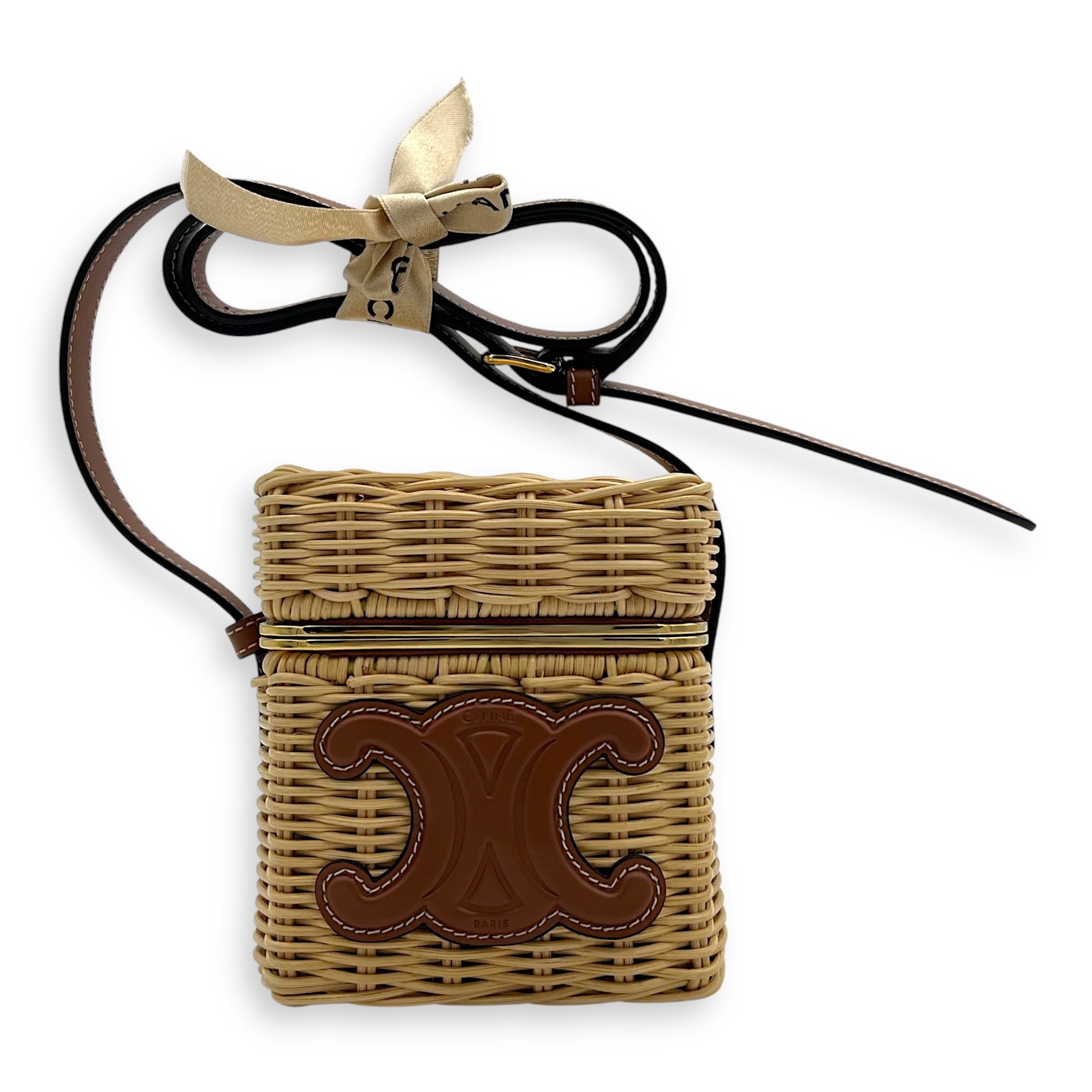 Triomphe Box Shoulder Bag Brown in Rattan, Gold hardware