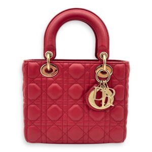 Lady Dior Small Red Top Handle Bag in Lambskin, Gold hardware
