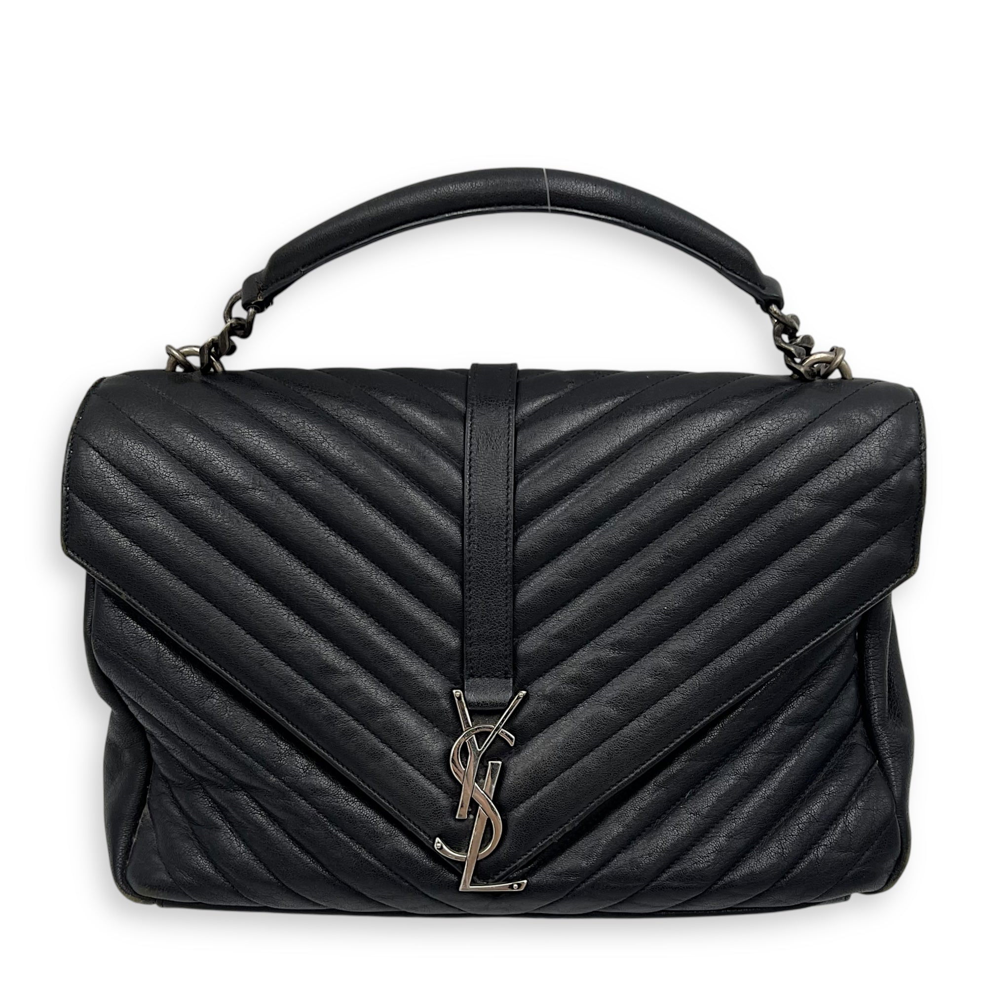 College Large Grey Shoulder Bag in Calfskin, Silver hardware