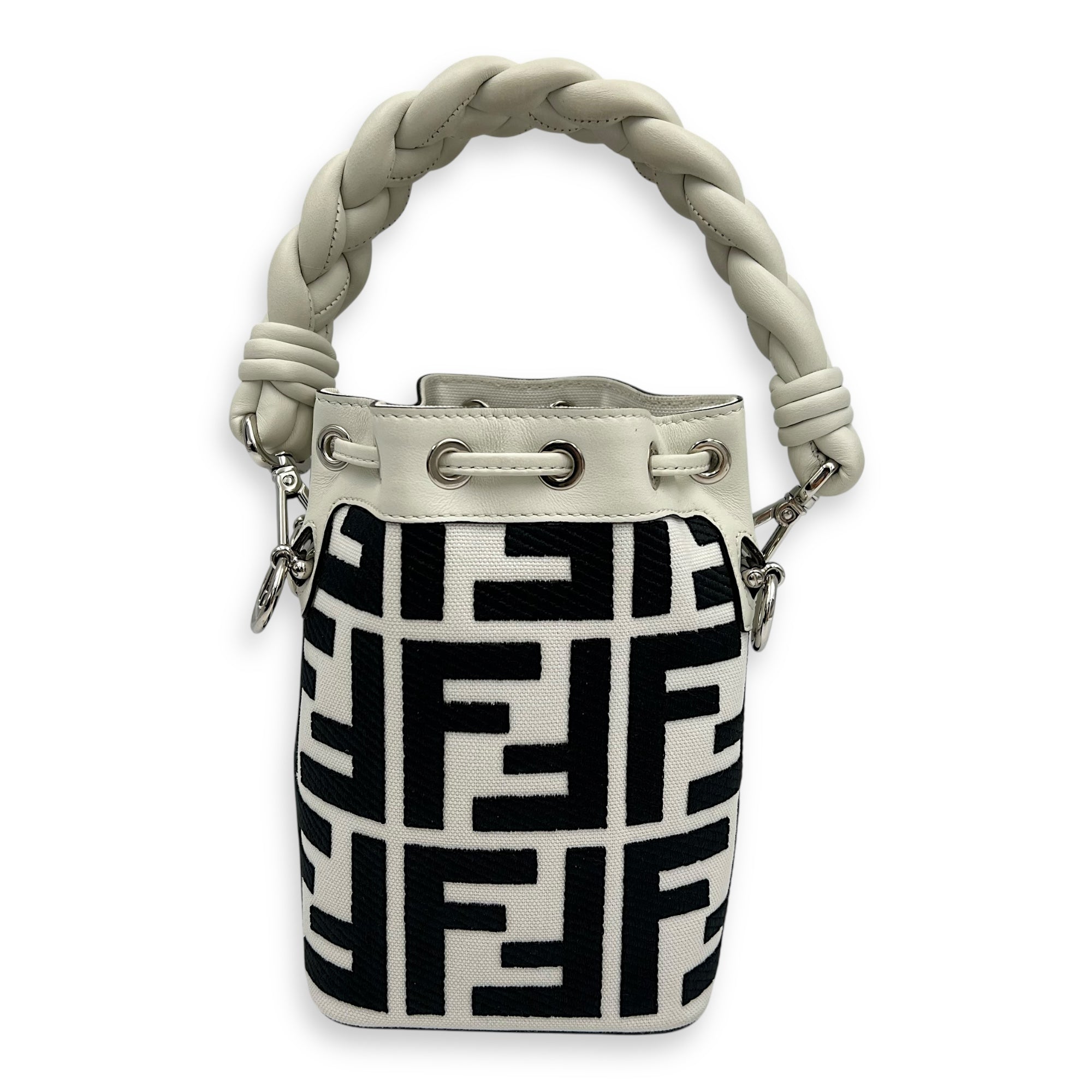 Mon Tresor White Bucket Bag in Canvas, Silver hardware - Image 3