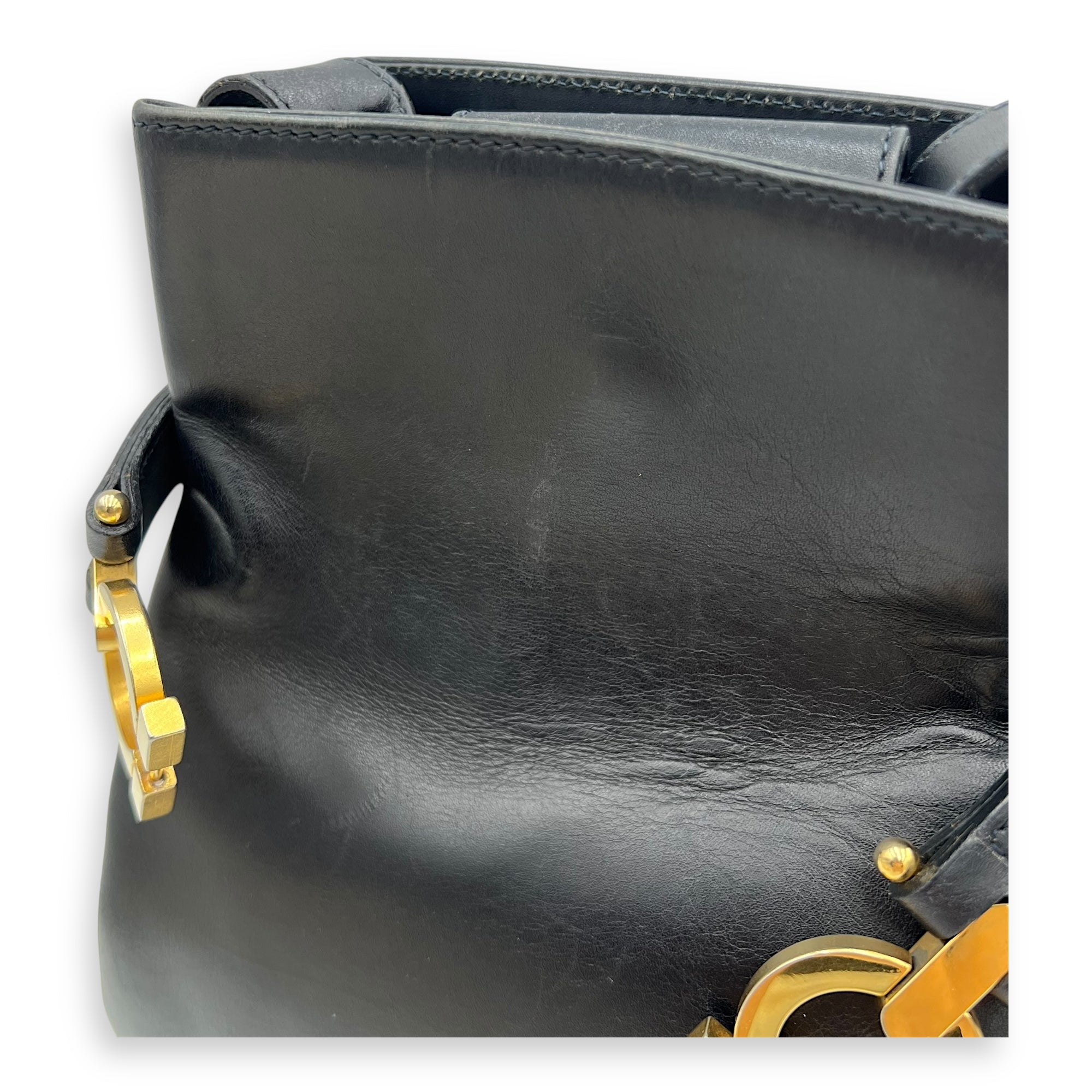 Gancini Black Shoulder Bag in Calfskin, Gold hardware - Image 11