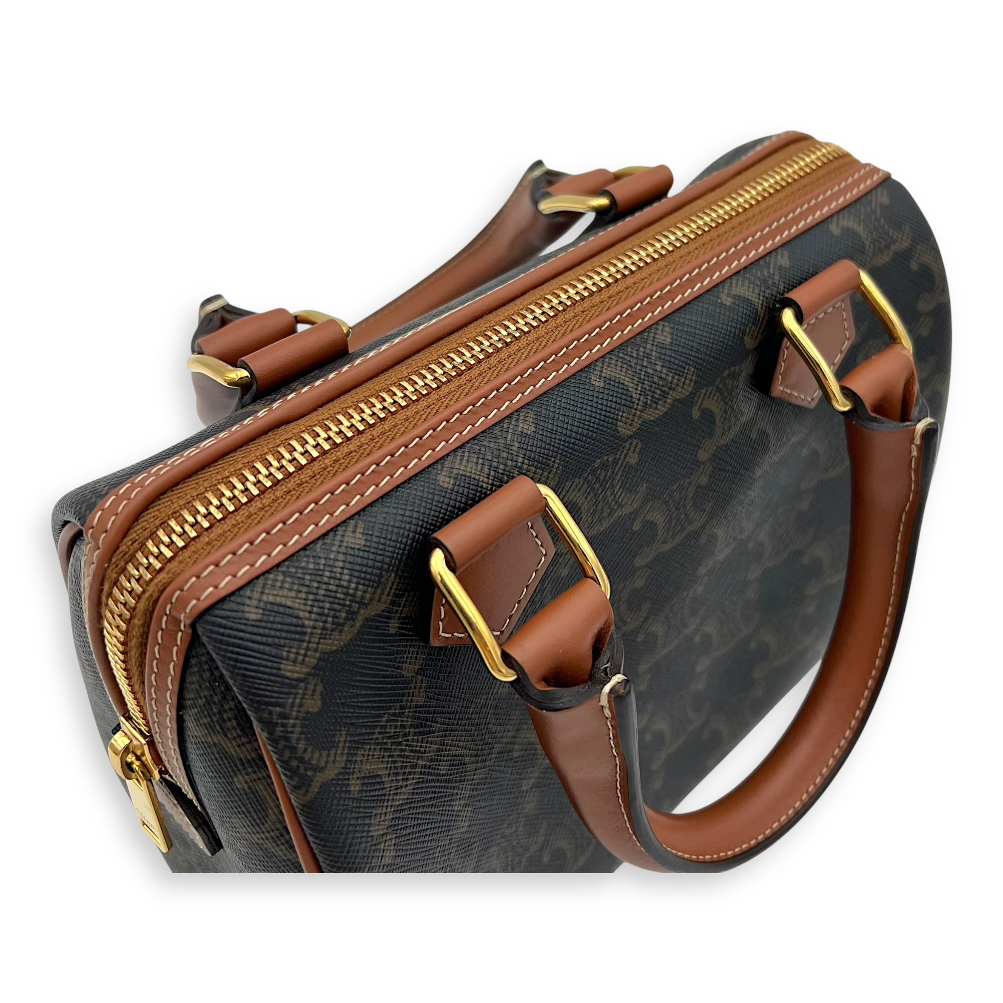 Triomphe Boston Brown Top Handle Bag in Coated Canvas, Gold hardware - Image 7