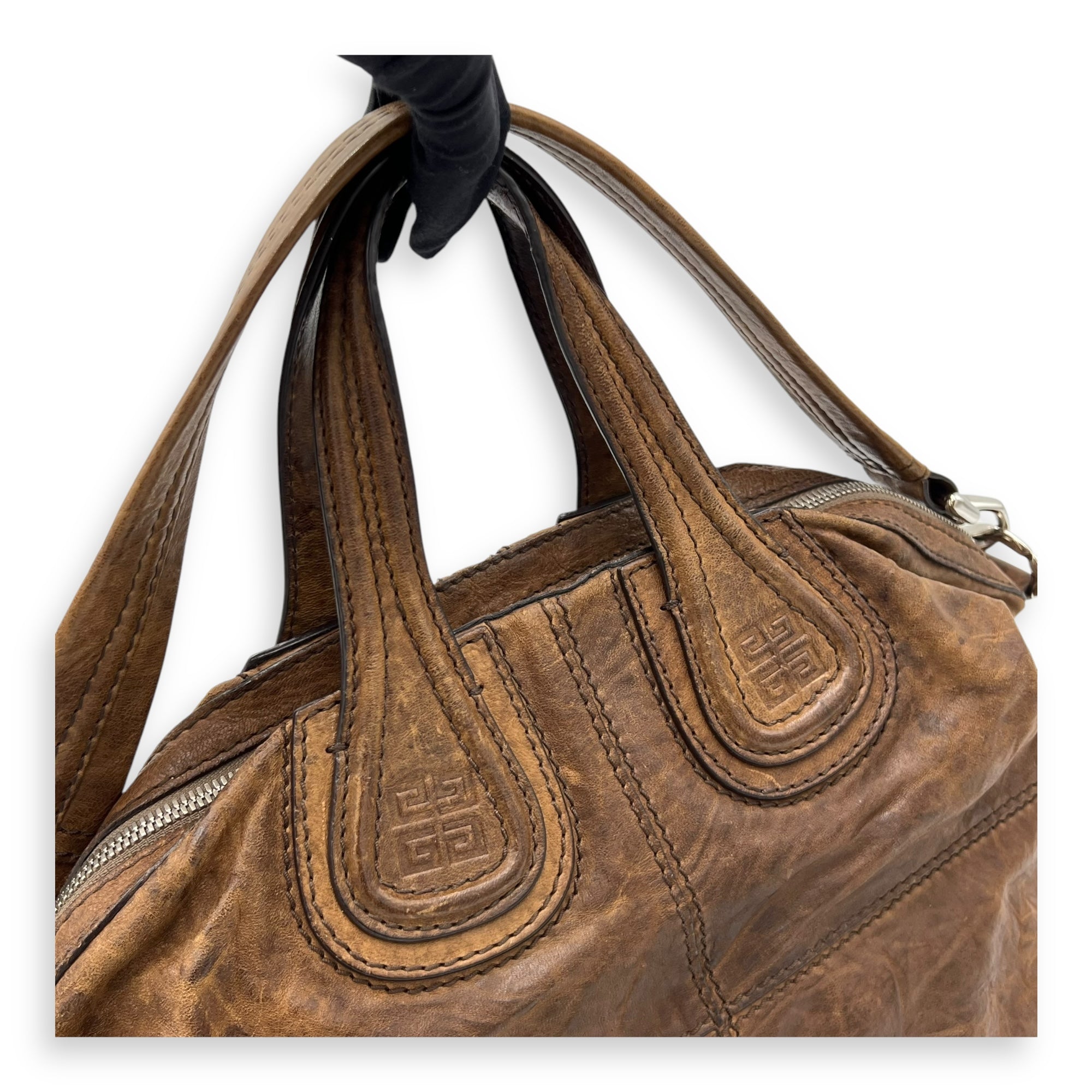 Nightingale Small Brown Top Handle Bag in Distressed Leather, Silver hardware - Image 8