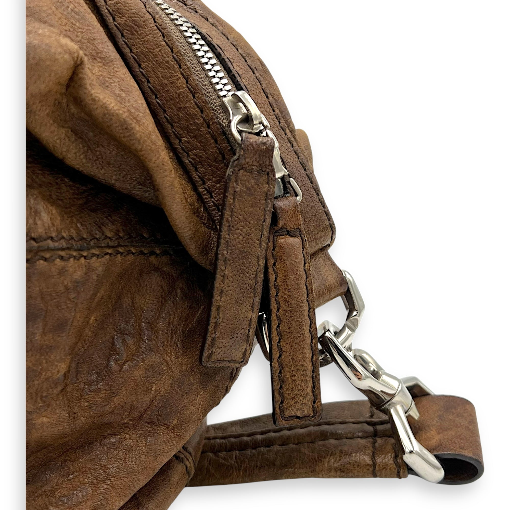 Nightingale Small Brown Top Handle Bag in Distressed Leather, Silver hardware - Image 9